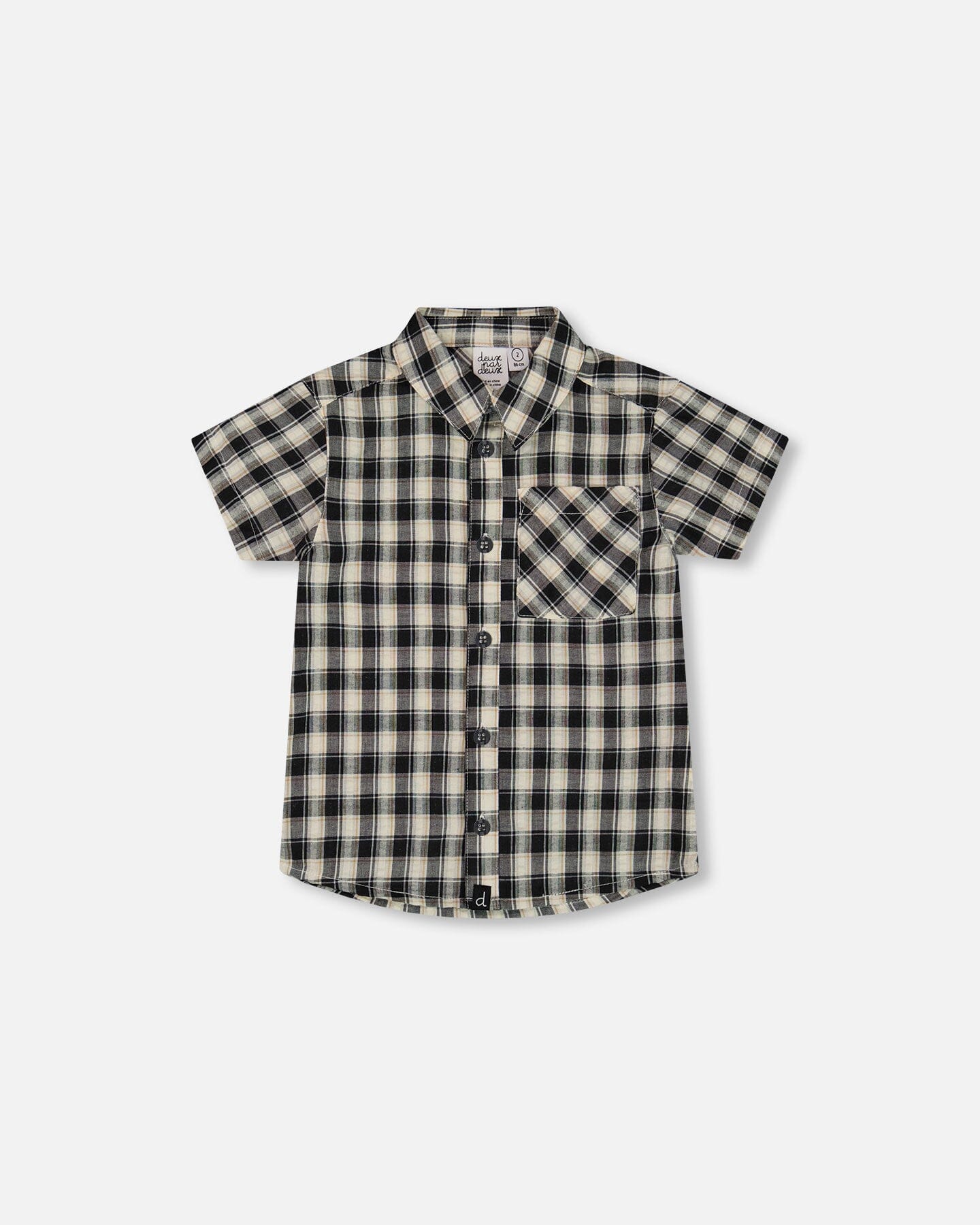 Short Sleeve Button Down Shirt Black And Beige Plaid-0