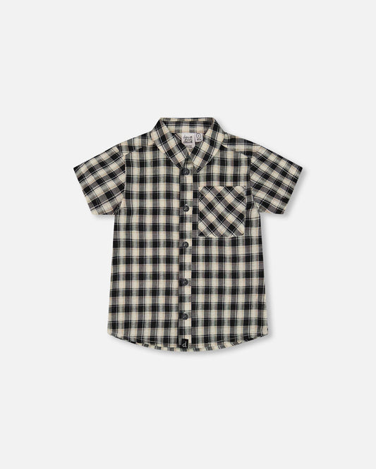Short Sleeve Button Down Shirt Black And Beige Plaid-0