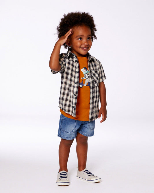 Short Sleeve Button Down Shirt Black And Beige Plaid-1