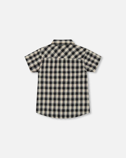 Short Sleeve Button Down Shirt Black And Beige Plaid-2