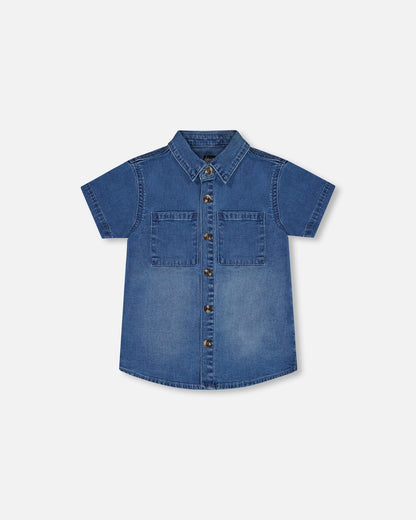 Short Sleeve Button Down Shirt Dark Denim Blue-0