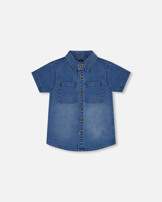 Short Sleeve Button Down Shirt Dark Denim Blue-0