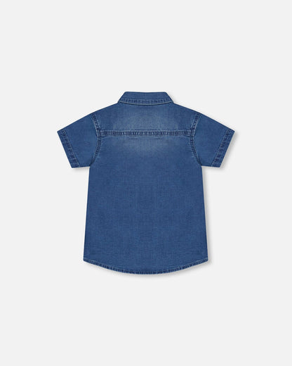 Short Sleeve Button Down Shirt Dark Denim Blue-2
