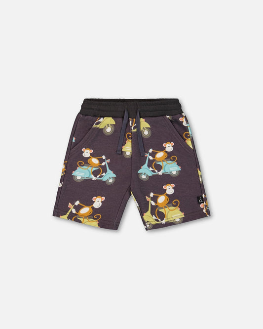 Printed French Terry Short Monkey On Navy Moped-0