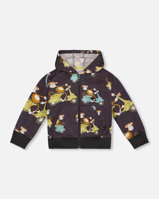 Printed French Terry Hooded Full Zip Cardigan Sweatshirt Monkey On Navy Moped-0