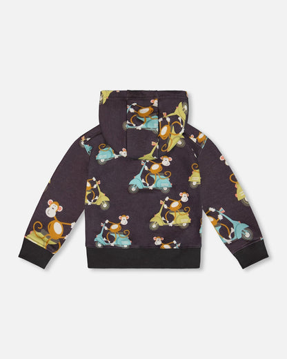 Printed French Terry Hooded Full Zip Cardigan Sweatshirt Monkey On Navy Moped-4