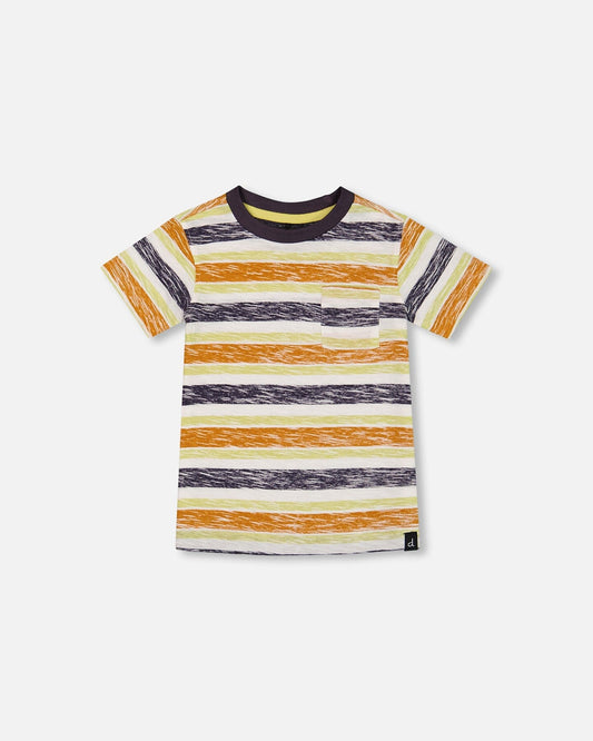 Printed Organic Cotton Tee Navy Striped, Orange, And Lime Green-0