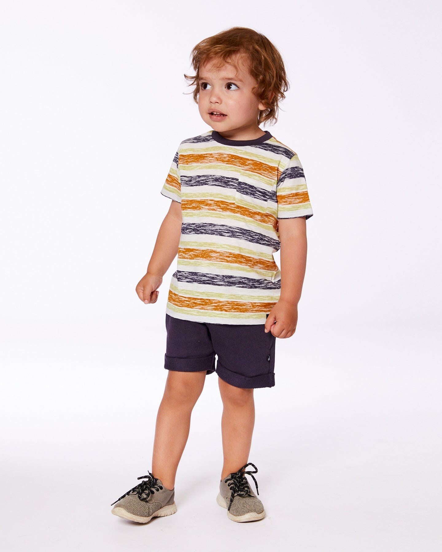 Printed Organic Cotton Tee Navy Striped, Orange, And Lime Green-2