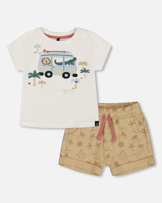 Short Sleeve Top And French Terry Short Set Beige With Palm Trees And Blue Truck-0