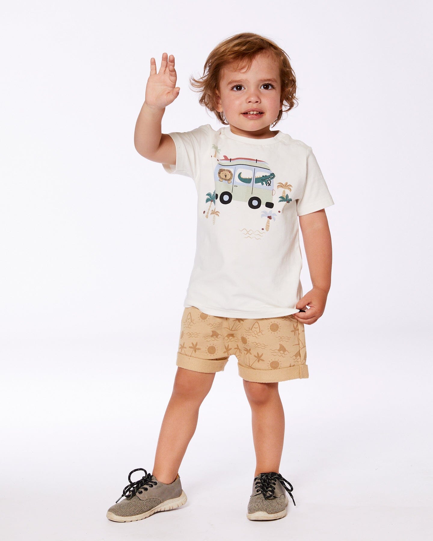 Short Sleeve Top And French Terry Short Set Beige With Palm Trees And Blue Truck-3