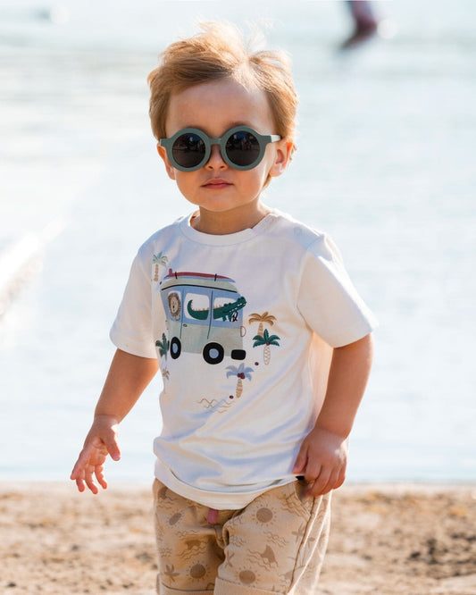 Short Sleeve Top And French Terry Short Set Beige With Palm Trees And Blue Truck-1