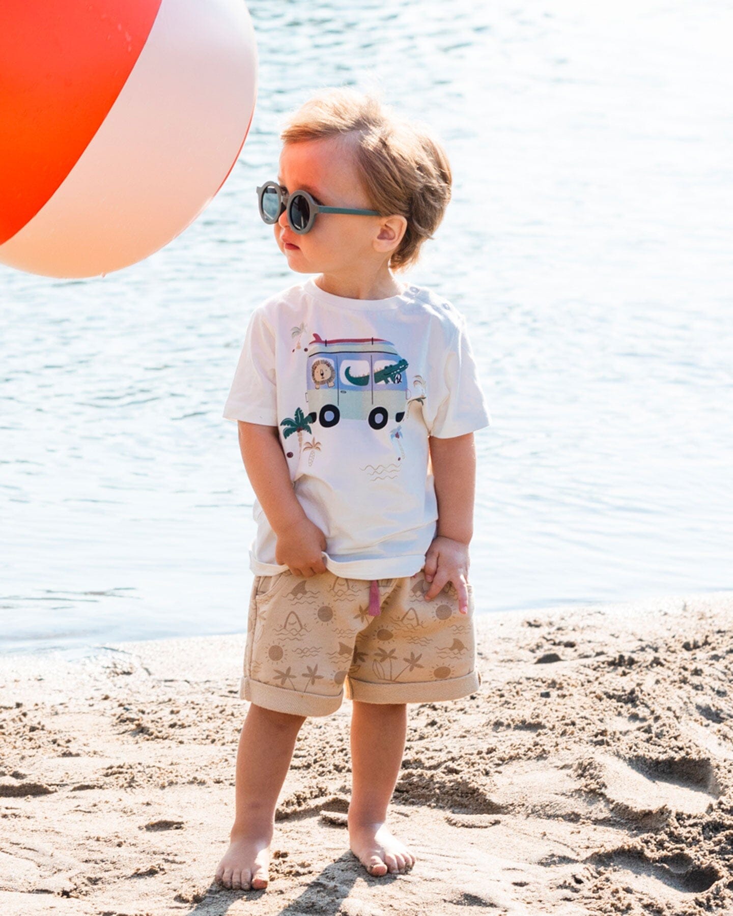 Short Sleeve Top And French Terry Short Set Beige With Palm Trees And Blue Truck-2