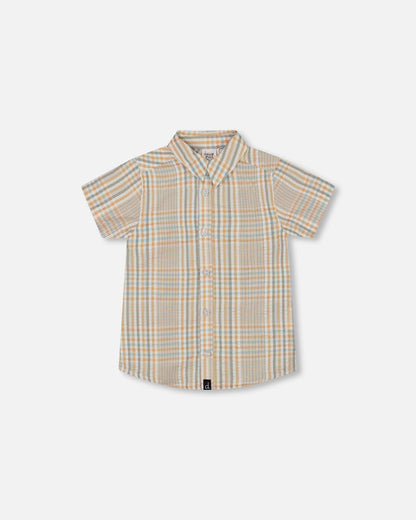 Short Sleeve Button Down Shirt Beige And Sage Plaid-0