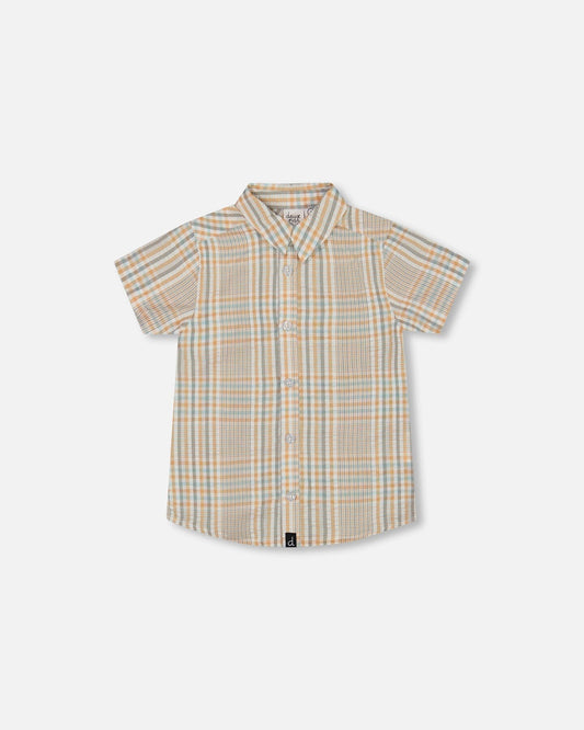 Short Sleeve Button Down Shirt Beige And Sage Plaid-0