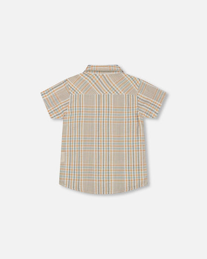 Short Sleeve Button Down Shirt Beige And Sage Plaid-2