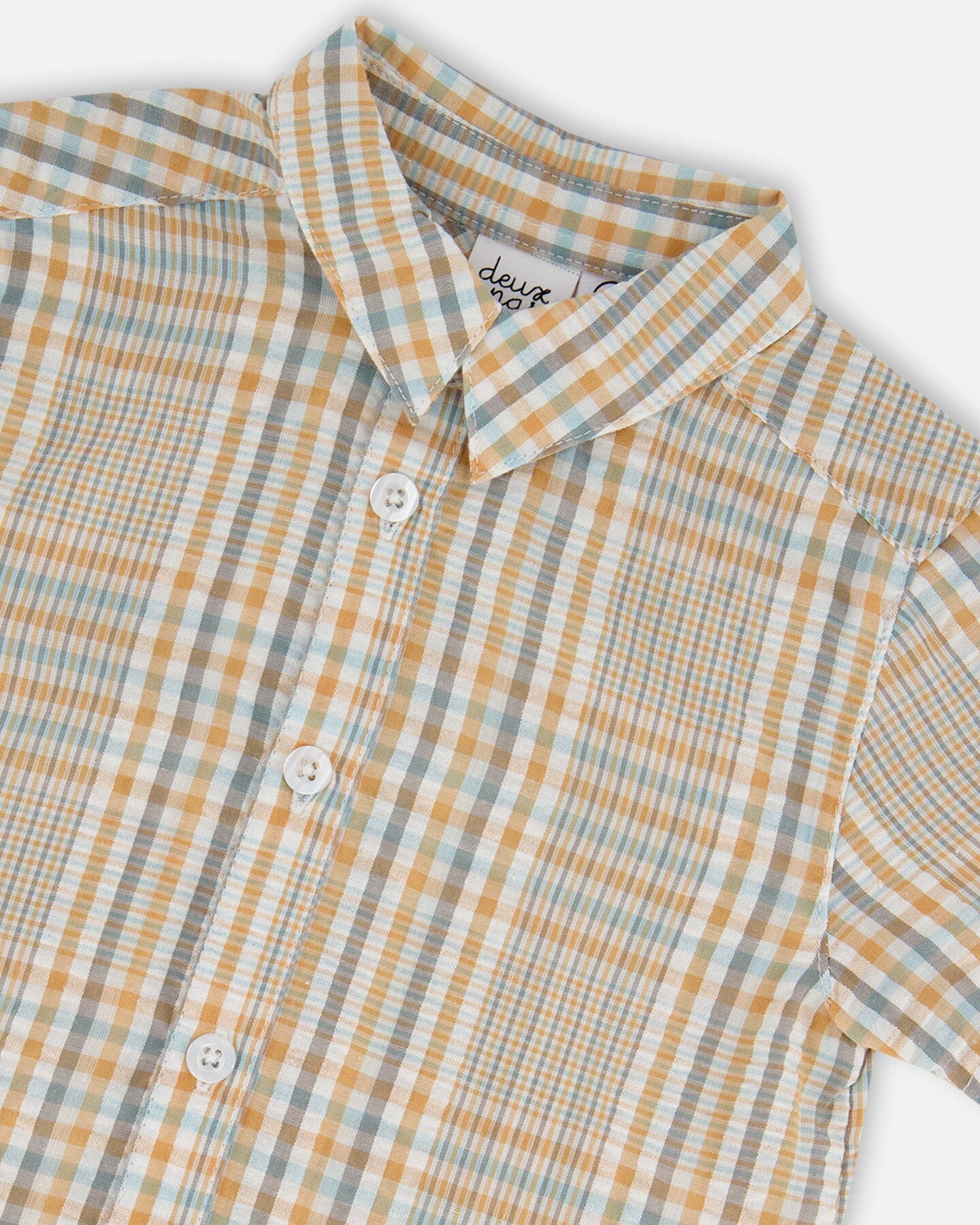 Short Sleeve Button Down Shirt Beige And Sage Plaid-3