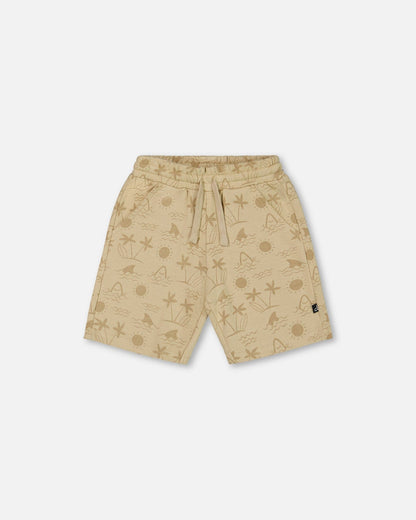 Printed French Terry Short Beige With Palm Trees-0