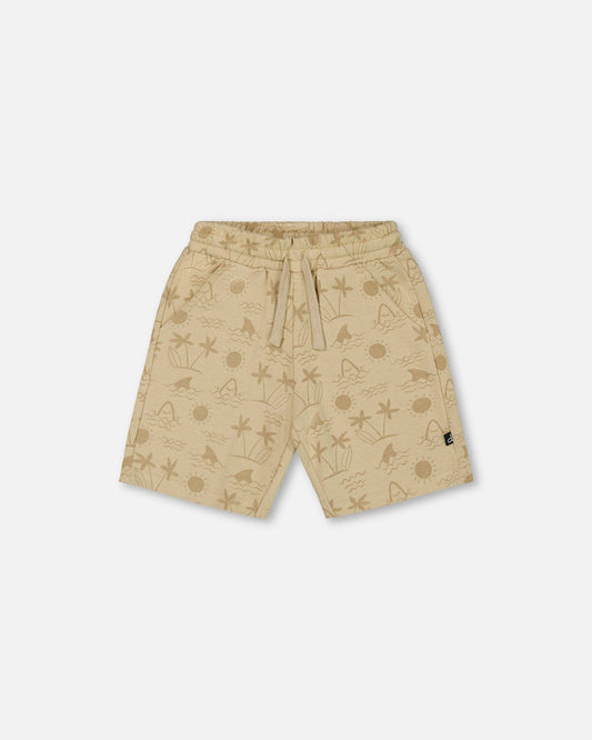 Printed French Terry Short Beige With Palm Trees-0
