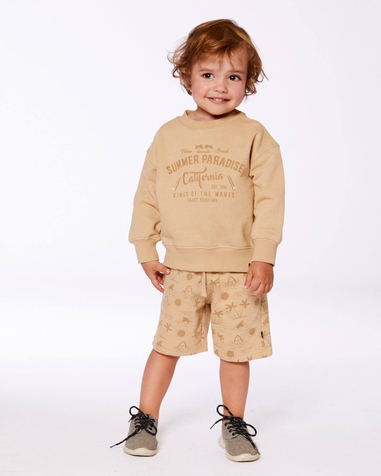 Printed French Terry Short Beige With Palm Trees-1