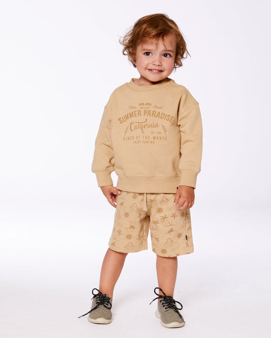 Printed French Terry Short Beige With Palm Trees-1
