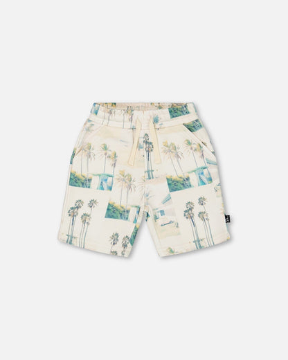Printed French Terry Short Beige Palm Tree And Teal-0