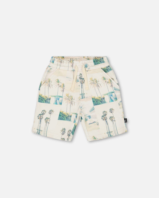 Printed French Terry Short Beige Palm Tree And Teal-0