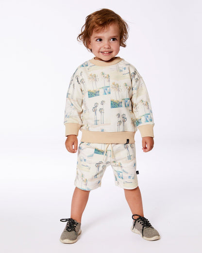 Printed French Terry Short Beige Palm Tree And Teal-2