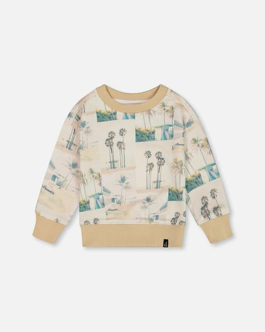 Printed Pullover Sweatshirt Beige Palm Tree And Teal-0