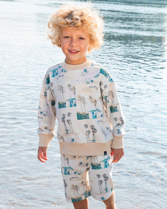 Printed Pullover Sweatshirt Beige Palm Tree And Teal-1