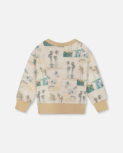 Printed Pullover Sweatshirt Beige Palm Tree And Teal-3