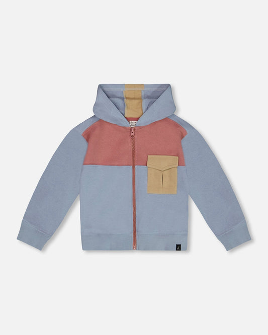 French Terry Full Zip Hoodie Sweatshirt Pale Blue And Dark Old Rose-0