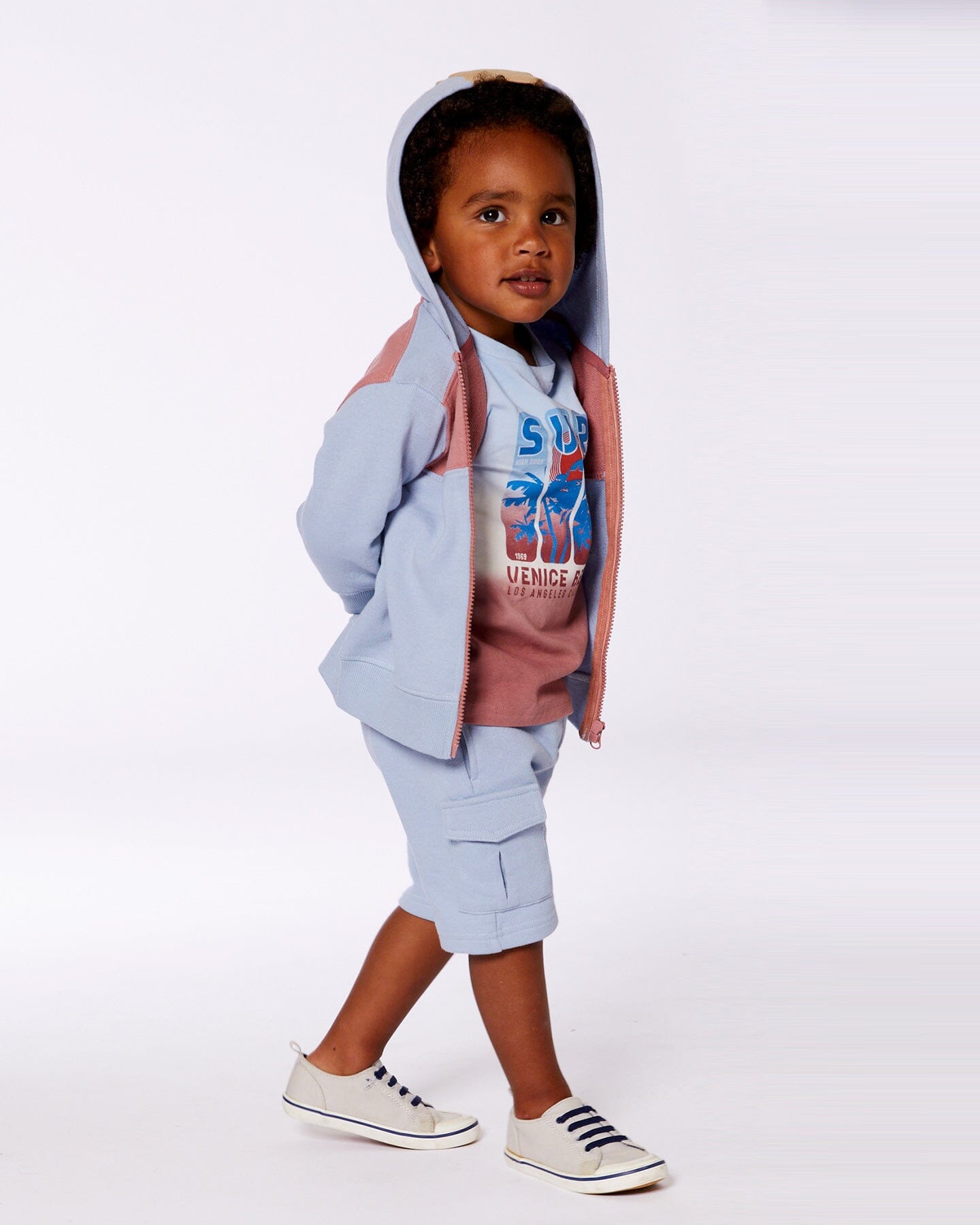 French Terry Full Zip Hoodie Sweatshirt Pale Blue And Dark Old Rose-1