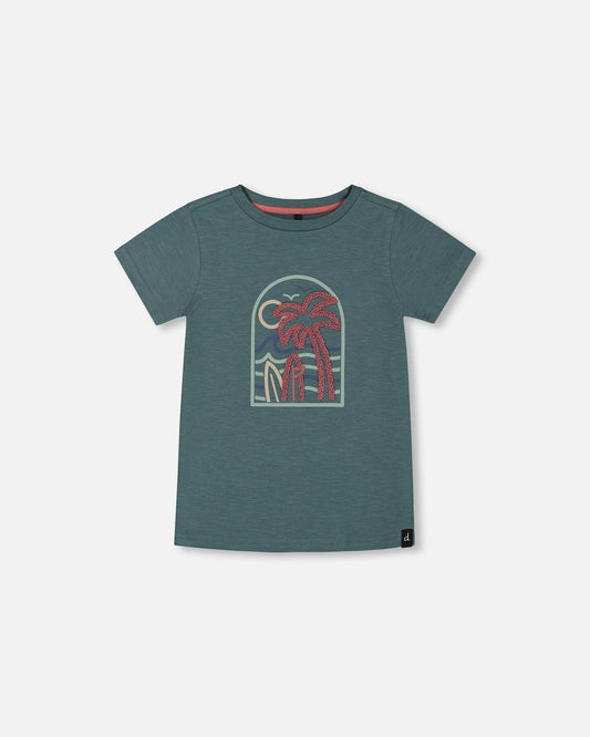 Short Sleeve Organic Cotton Graphic Tee Teal And Dark Old Rose-0