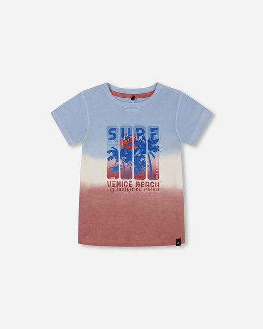 Short Sleeve Organic Cotton Graphic Tee Gradient Pale Blue And Dark Old Rose-0