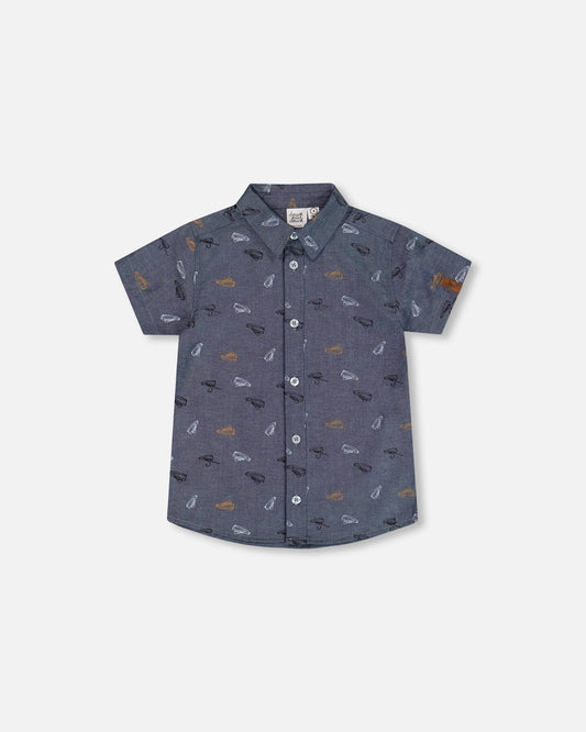 Printed Chambray Short Sleeve Shirt Gray, White And Tan-0