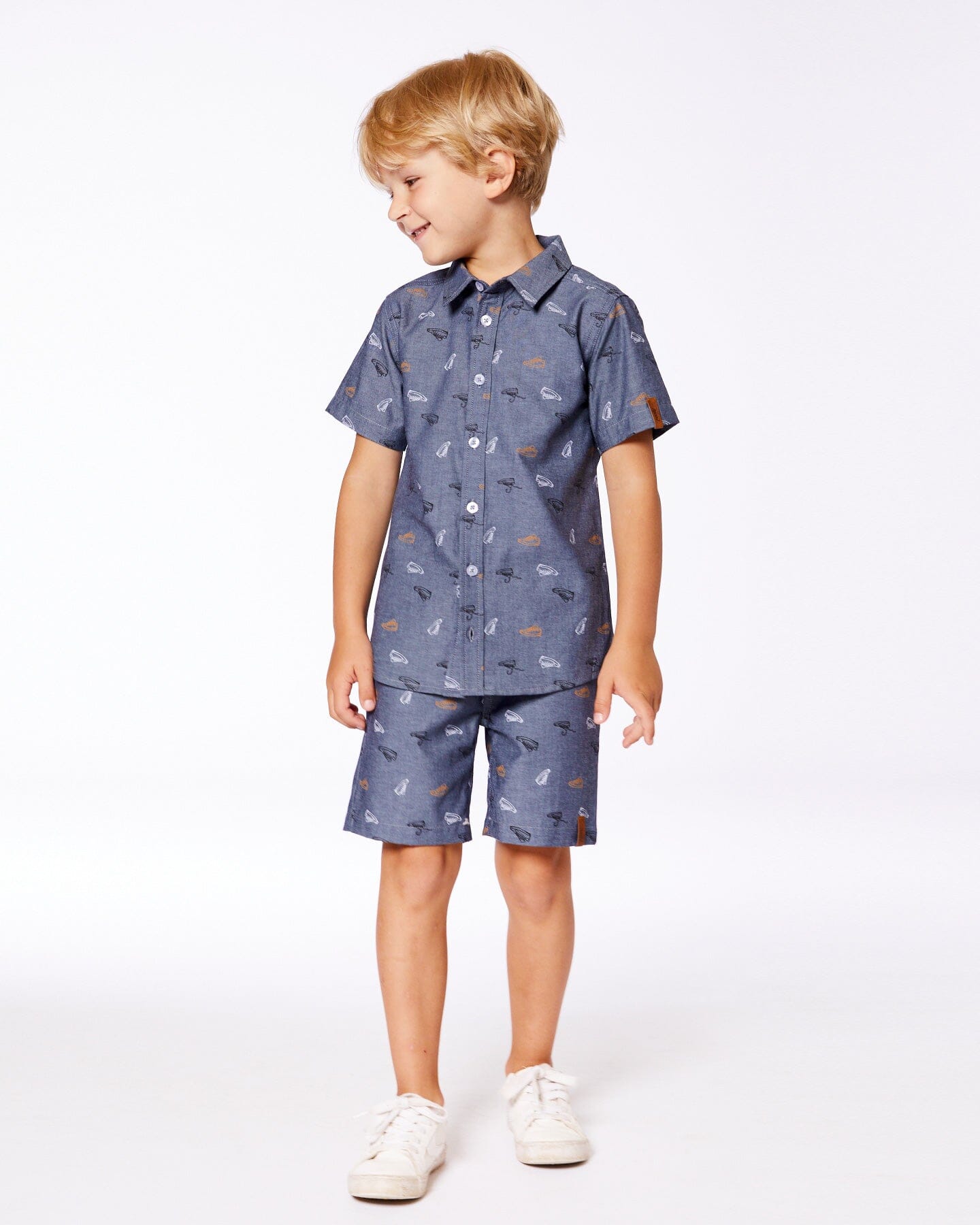 Printed Chambray Short Sleeve Shirt Gray, White And Tan-2