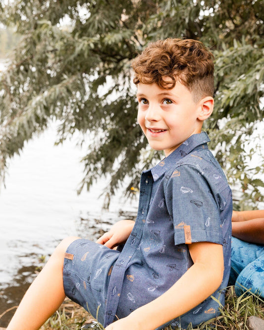 Printed Chambray Short Sleeve Shirt Gray, White And Tan-1