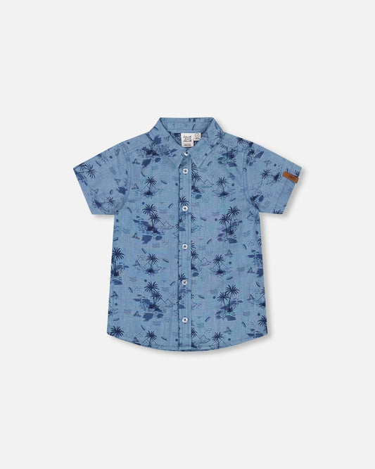 Printed Chambray Short Sleeve Shirt Pale Blue And Navy-0