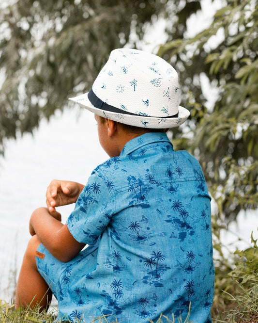 Printed Chambray Short Sleeve Shirt Pale Blue And Navy-1