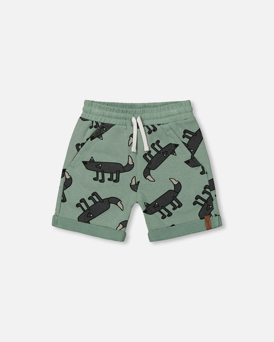 Printed French Terry Short Gray Wolf On Teal Background-0
