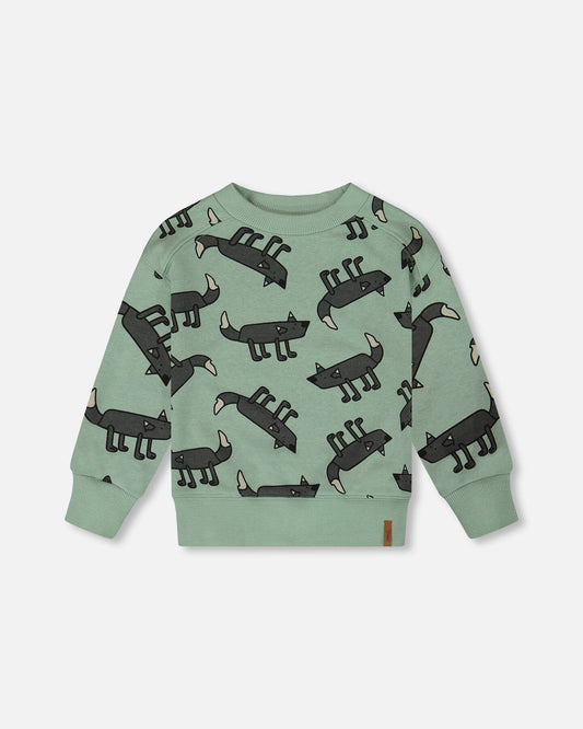 Printed Pullover French Terry Sweatshirt Gray Wolf On Teal Background-0