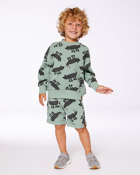 Printed Pullover French Terry Sweatshirt Gray Wolf On Teal Background-1