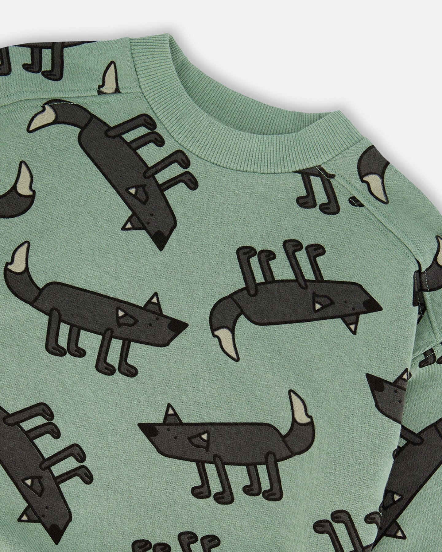 Printed Pullover French Terry Sweatshirt Gray Wolf On Teal Background-3