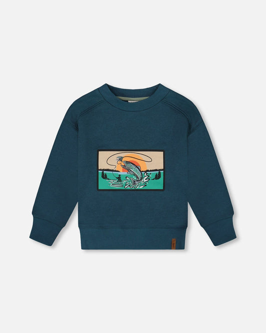 Pullover French Terry Graphic Sweatshirt Teal And Peach-0