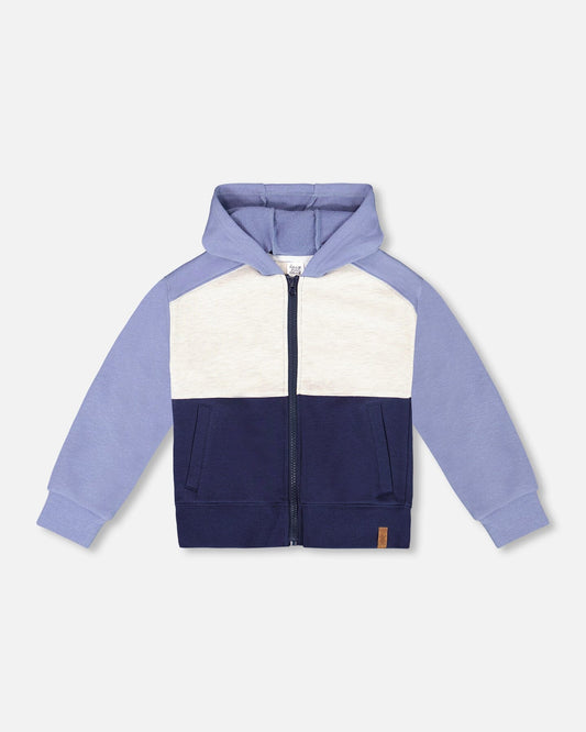 French Terry Color Block Full Zip Hoodie Sweatshirt Blue, Navy And Cream-0