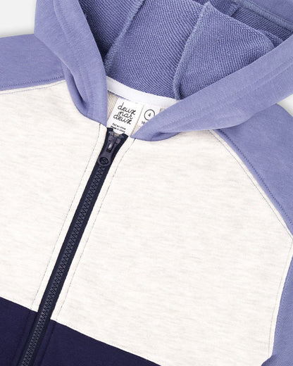 French Terry Color Block Full Zip Hoodie Sweatshirt Blue, Navy And Cream-4