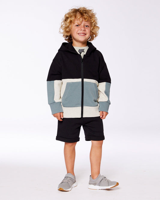 French Terry Color Block Full Zip Hoodie Cardigan Sweatshirt Black, Teal And Shimmer-1