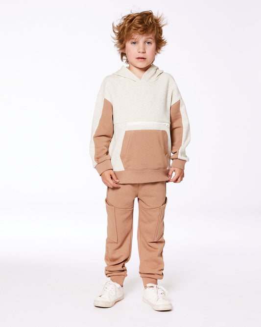French Terry Color Block Pullover Hoodie Sweatshirt Beige And Off-White-1
