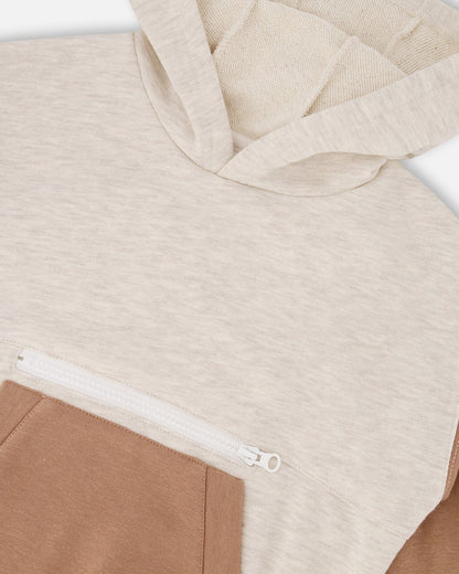 French Terry Color Block Pullover Hoodie Sweatshirt Beige And Off-White-3