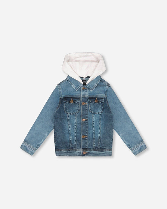 Denim Jacket With French Terry Hood White And Denim Blue-0